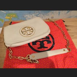 TORY BURCH Cream Leather Gold Detachable Clutch